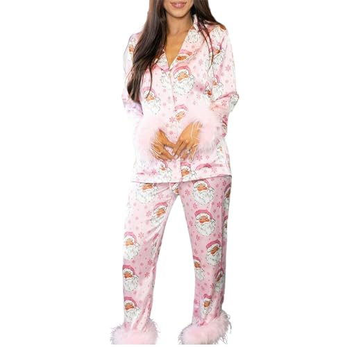 Merfrede Frauen Feder Trim Weihnachten Pyjama Set Seide Satin Langarm Button Down Shirt Tops und Hosen 2 Stück Pjs Nachtwäsche, Rosa Weihnachtsmann, 36 von Merfrede