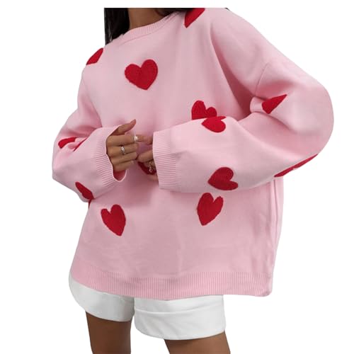 Merfrede Frauen Y2k Herz Pullover Nette Grafik Langarm Rundhalsausschnitt Strickpullover Pullover Tops Weiche 90er E Mädchen Streetwear, Ein rosa + rotes Herz, L von Merfrede