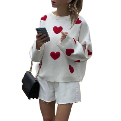 Merfrede Damen Y2k Herz-Pullover, niedlich, Grafik, langärmelig, Rundhalsausschnitt, Strickpullover, Pullover, Tops, weich, 90er-Jahre, Mädchen, Streetwear, Ein weißes und rotes Herz, M von Merfrede