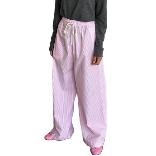 Merfrede Gestreifte Pyjamahose für Damen, bequem, weites Bein, Kordelzug, Schlafhose, lässig, lockere Hose, Loungewear mit Taschen, Rosa Streifen, 36 von Merfrede