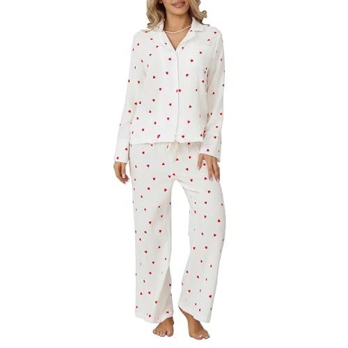 Merfrede Y2k Damen-Pyjama-Set mit Herzmuster, langärmelig, Button-Down-Shirt, weites Bein, weich, zweiteilig, Pyjama, Valentinstag, Loungewear, Ein weißes und rotes Herz, 46 von Merfrede