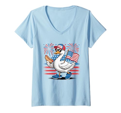 Damen Merica Goose Hot Dog Patriotic American US Flag 4th Of July T-Shirt mit V-Ausschnitt Damen Merica Goose Hot Dog Patriotic American US Flag 4th Of July T-Shirt mit V-Ausschnitt von Merica Goose Hot Dog Patriotic 4th Of July Shirt