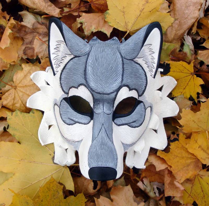 Custom Grey Dire Wolf Ledermaske, Schwarze Leder Wolfsmaske Auf Bestellung von Merimask