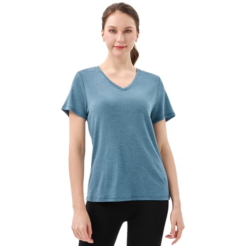 Merino Protect 100% Merino Shirt Damen Kurzarm V-Ausschnitt Geruchsabweisendes T-Shirt Merinowolle Unterwäsche Komfort Merino Wolle Tshirt Unterhemd (Blaugraue Streifen,X-Small) von Merino Protect