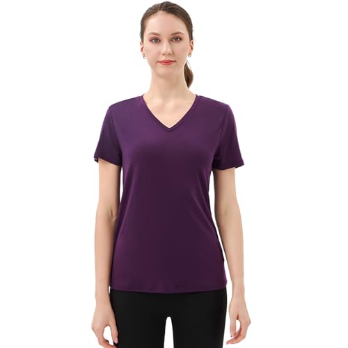Merino Protect 100% Merino Shirt Damen Kurzarm V-Ausschnitt Geruchsabweisendes T-Shirt Merinowolle Unterwäsche Komfort Merino Wolle Tshirt Unterhemd (Dunkelviolett,X-Small) von Merino Protect