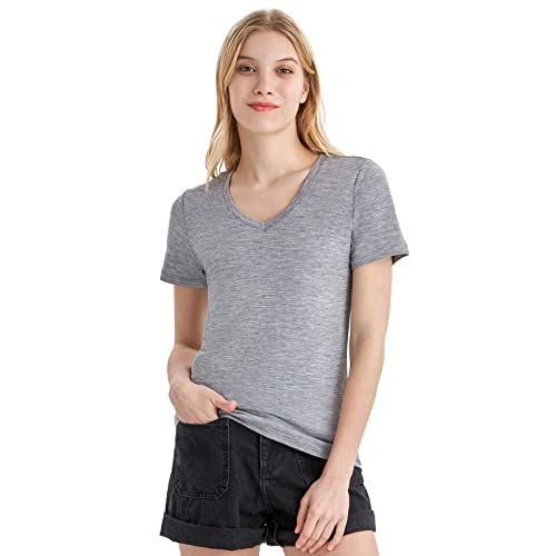Merino Protect 100% Merino Shirt Damen Kurzarm V-Ausschnitt Geruchsabweisendes T-Shirt Merinowolle Unterwäsche Komfort Merino Wolle Tshirt Unterhemd (Ebenholz-Heidekraut,X-Large) von Merino Protect