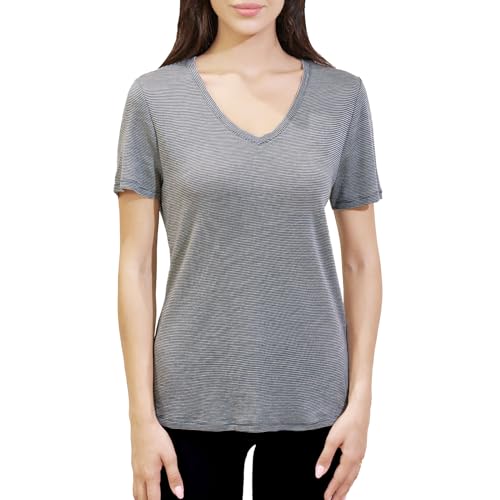 Merino Protect 100% Merino Shirt Damen Kurzarm V-Ausschnitt Geruchsabweisendes T-Shirt Merinowolle Unterwäsche Komfort Merino Wolle Tshirt Unterhemd (Staubblaue Streifen,X-Large) von Merino Protect
