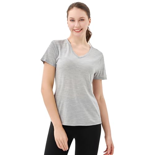 Merino Protect 100% Merino Wolle V-Ausschnitt Shirt Damen Kurzarm Wolle Unterhemd Geruchsresistenz Funktionsunterwäsche Reisen Wandern Merinowolle Unterwäsche von Merino Protect