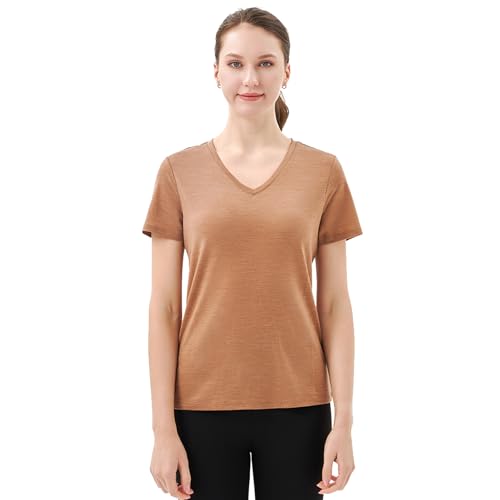 Merino Protect 100% Merino Wolle V-Ausschnitt Shirt Damen Kurzarm Wolle Unterhemd Geruchsresistenz Funktionsunterwäsche Reisen Wandern Merinowolle Unterwäsche von Merino Protect