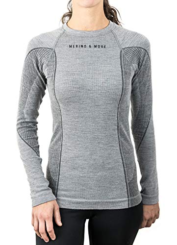 Merino & More Merino Shirt Damen Langarm - Premium Funktionsunterwäsche aus Merinowolle - Sport - Langarm - Funktionsunterhemd schwarz-grau Gr. S von Merino & More