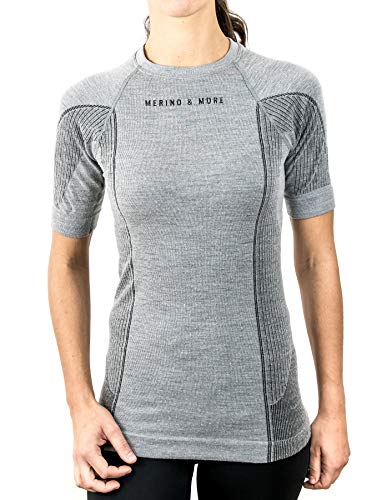 Merino & More Merino Shirt Damen - Premium Funktionsunterwäsche aus hochwertiger Merinowolle - Sport - Funktionsshirt - Kurzarm hellgrau Gr. XL von Merino & More