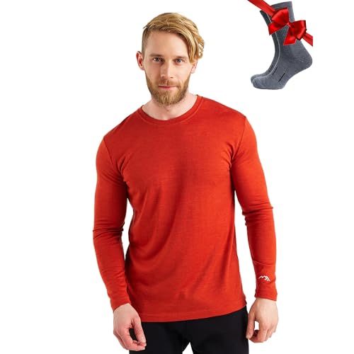 100% Merino Unterwäsche Herren - Merino Langarmshirt Herren Atmungsaktiv Und Feuchtigkeitsableitend + Wollsocken (165 Chili Red, Medium) von Merino.tech