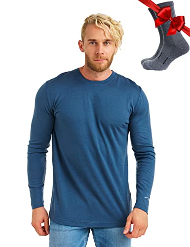 100% Merino Unterwäsche Herren - Merino Langarmshirt Herren Atmungsaktiv Und Feuchtigkeitsableitend + Wollsocken (165 Denim Blue, Medium) von Merino.tech