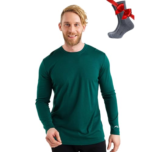 100% Merino Unterwäsche Herren - Merino Langarmshirt Herren Atmungsaktiv Und Feuchtigkeitsableitend + Wollsocken (165 Forest Green, Medium) von Merino.tech