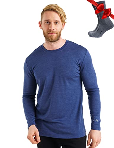 100% Merino Unterwäsche Herren - Merino Langarmshirt Herren Atmungsaktiv Und Feuchtigkeitsableitend + Wollsocken (165 Indigo Night, Medium) von Merino.tech
