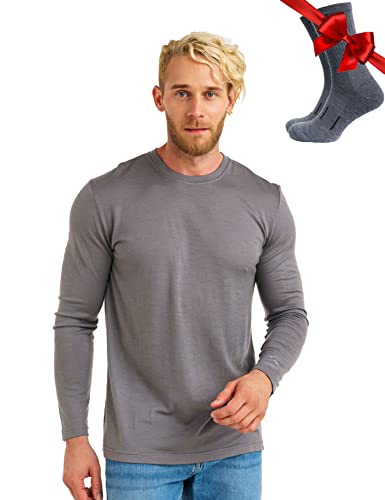 100% Merino Unterwäsche Herren - Merino Langarmshirt Herren Atmungsaktiv Und Feuchtigkeitsableitend + Wollsocken (165 Perfect Grey, Large) von Merino.tech