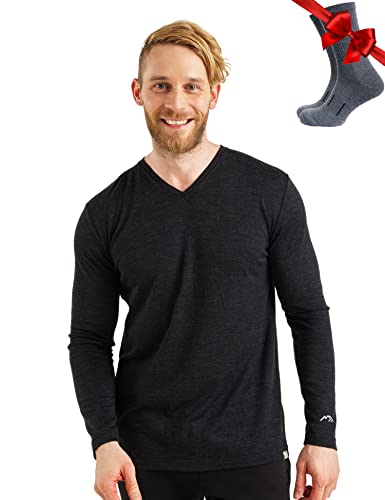 100% Merino Unterwäsche Herren - Merino Langarmshirt Herren Atmungsaktiv Und Feuchtigkeitsableitend + Wollsocken (165 V-Neck Heathered Black, XXX-Large) von Merino.tech