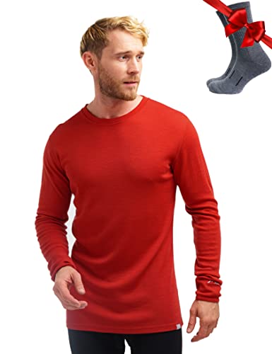 100% Merino Unterwäsche Herren - Merino Langarmshirt Herren Atmungsaktiv Und Feuchtigkeitsableitend + Wollsocken (250 Cherry Red, Medium) von Merino.tech