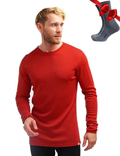 100% Merino Unterwäsche Herren - Merino Langarmshirt Herren Atmungsaktiv Und Feuchtigkeitsableitend + Wollsocken (250 Cherry Red, XX-Large) von Merino.tech