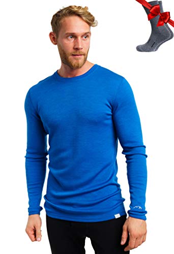 100% Merino Unterwäsche Herren - Merino Langarmshirt Herren Atmungsaktiv Und Feuchtigkeitsableitend + Wollsocken (250 Cobalt Blue, XXX-Large) von Merino.tech