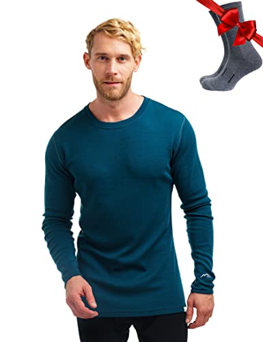 100% Merino Unterwäsche Herren - Merino Langarmshirt Herren Atmungsaktiv Und Feuchtigkeitsableitend + Wollsocken (250 Deep Teal, X-Large) von Merino.tech