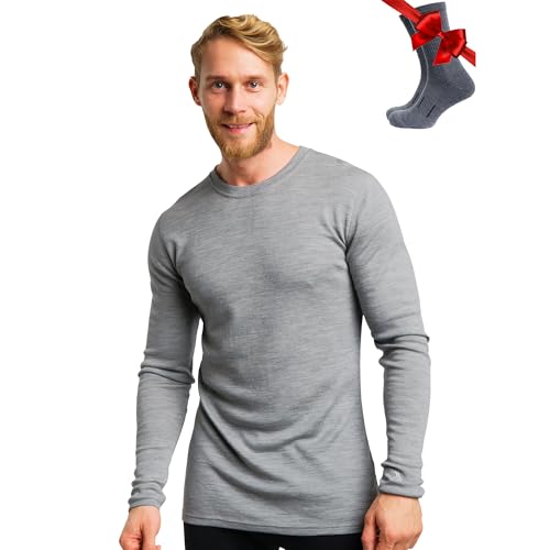 100% Merino Unterwäsche Herren - Merino Langarmshirt Herren Atmungsaktiv Und Feuchtigkeitsableitend + Wollsocken (250 Gray Heather, X-Large) von Merino.tech