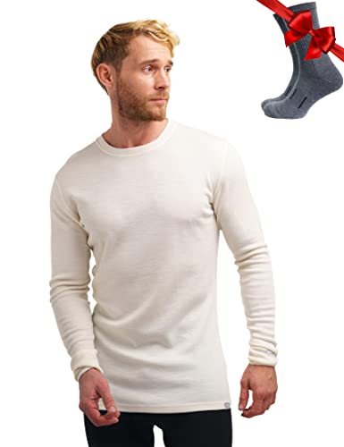 100% Merino Unterwäsche Herren - Merino Langarmshirt Herren Atmungsaktiv Und Feuchtigkeitsableitend + Wollsocken (250 Natural Merinos, Large) von Merino.tech