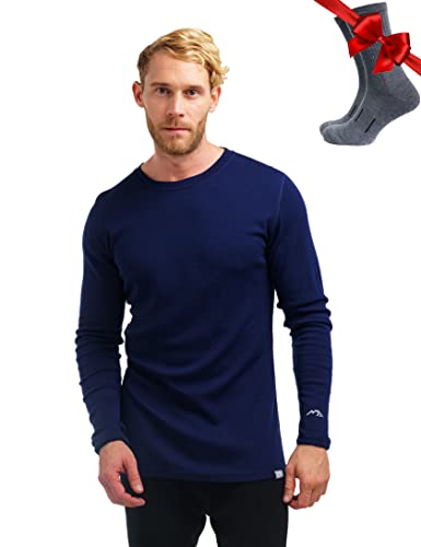 100% Merino Unterwäsche Herren - Merino Langarmshirt Herren Atmungsaktiv Und Feuchtigkeitsableitend + Wollsocken (250 Navy, XX-Large) von Merino.tech