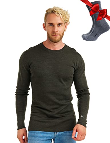 100% Merino Unterwäsche Herren - Merino Langarmshirt Herren Atmungsaktiv Und Feuchtigkeitsableitend + Wollsocken (320 Army Green, XX-Large) von Merino.tech