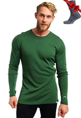 100% Merino Unterwäsche Herren - Merino Langarmshirt Herren Atmungsaktiv Und Feuchtigkeitsableitend + Wollsocken (Olive 250, Small) von Merino.tech