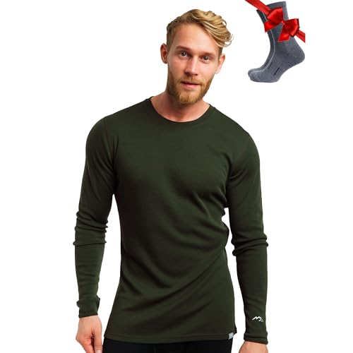 100% Merino Unterwäsche Herren - Merino Langarmshirt Herren Atmungsaktiv Und Feuchtigkeitsableitend + Wollsocken (X-Large, 250 Army Green) von Merino.tech