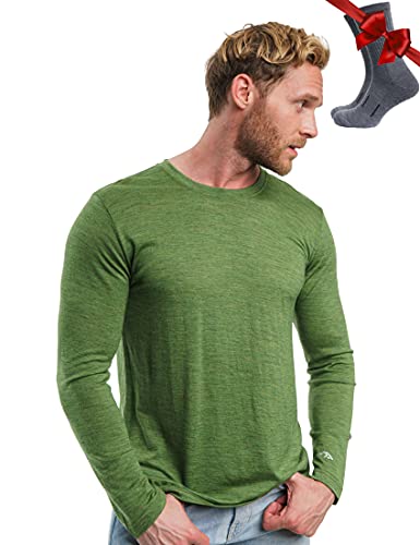 100% Merino Unterwäsche Herren - Merino Langarmshirt Herren Atmungsaktiv Und Feuchtigkeitsableitend + Wollsocken (165 Green Olive, X-Large) von Merino.tech