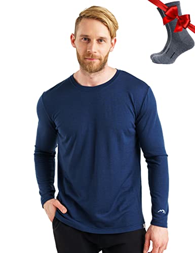 Merino.tech 100% Merino Unterwäsche Herren - Merino Langarmshirt Herren Atmungsaktiv Und Feuchtigkeitsableitend + Wollsocken (165 Navy, Large) von Merino.tech