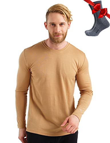 100% Merino Unterwäsche Herren - Merino Langarmshirt Herren Atmungsaktiv Und Feuchtigkeitsableitend + Wollsocken (165 Camel, Large) von Merino.tech