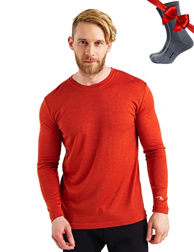 100% Merino Unterwäsche Herren - Merino Langarmshirt Herren Atmungsaktiv Und Feuchtigkeitsableitend + Wollsocken (165 Chili Red, Large) von Merino.tech