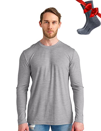 100% Merino Unterwäsche Herren - Merino Langarmshirt Herren Atmungsaktiv Und Feuchtigkeitsableitend + Wollsocken (165 Heathered Grey, Large) von Merino.tech