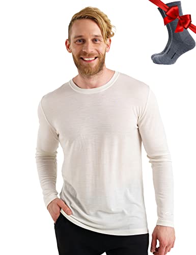 100% Merino Unterwäsche Herren - Merino Langarmshirt Herren Atmungsaktiv Und Feuchtigkeitsableitend + Wollsocken (165 Off White, Large) von Merino.tech