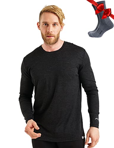 100% Merino Unterwäsche Herren - Merino Langarmshirt Herren Atmungsaktiv Und Feuchtigkeitsableitend + Wollsocken (165 Heathered Black, Medium) von Merino.tech