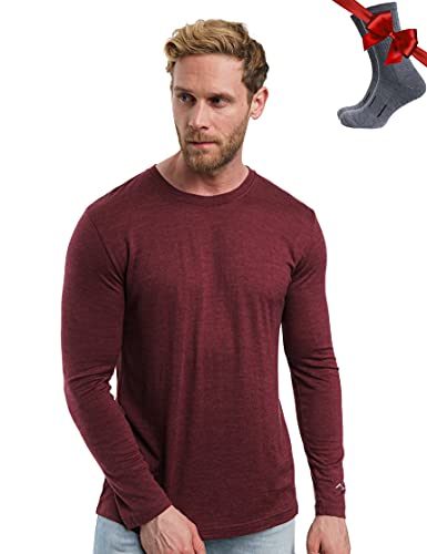 100% Merino Unterwäsche Herren - Merino Langarmshirt Herren Atmungsaktiv Und Feuchtigkeitsableitend Leichte + Wollsocken (Small, 165 Burgundy) von Merino.tech