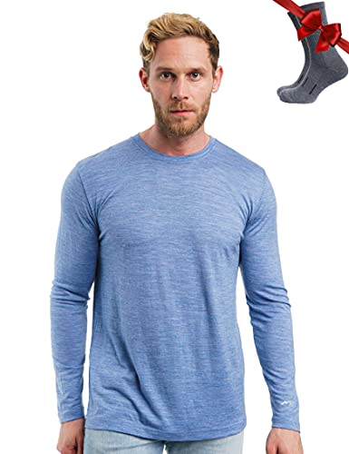 100% Merino Unterwäsche Herren - Merino Langarmshirt Herren Atmungsaktiv Und Feuchtigkeitsableitend + Wollsocken (165 Deep Blue, Small) von Merino.tech