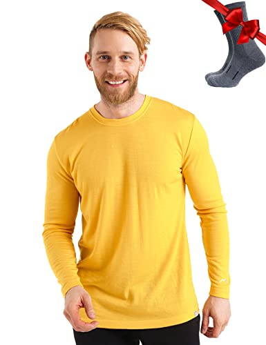 100% Merino Unterwäsche Herren - Merino Langarmshirt Herren Atmungsaktiv Und Feuchtigkeitsableitend + Wollsocken (165 Gold, Small) von Merino.tech