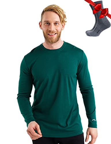 100% Merino Unterwäsche Herren - Merino Langarmshirt Herren Atmungsaktiv Und Feuchtigkeitsableitend + Wollsocken (165 Forest Green, X-Large) von Merino.tech