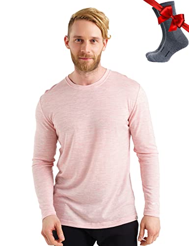 100% Merino Unterwäsche Herren - Merino Langarmshirt Herren Atmungsaktiv Und Feuchtigkeitsableitend Leichte + Wollsocken (X-Large, 165 Pale Coral) von Merino.tech