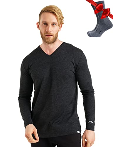 100% Merino Unterwäsche Herren - Merino Langarmshirt Herren Atmungsaktiv Und Feuchtigkeitsableitend + Wollsocken (165 V-Neck Charcoal Grey, Small) von Merino.tech