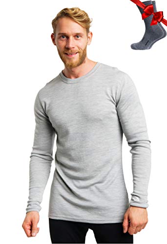 100% Merino Unterwäsche Herren - Merino Langarmshirt Herren Atmungsaktiv Und Feuchtigkeitsableitend + Wollsocken (250 Gray Heather, Large) von Merino.tech