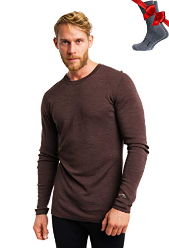 100% Merino Unterwäsche Herren - Merino Langarmshirt Herren Atmungsaktiv Und Feuchtigkeitsableitend + Wollsocken (250 Chocolate, Small) von Merino.tech