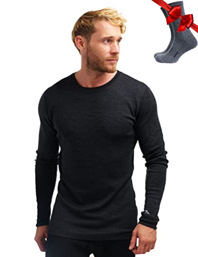 100% Merino Unterwäsche Herren - Merino Langarmshirt Herren Atmungsaktiv Und Feuchtigkeitsableitend Mittel + Wollsocken (Small, Charcoal Gray 250) von Merino.tech