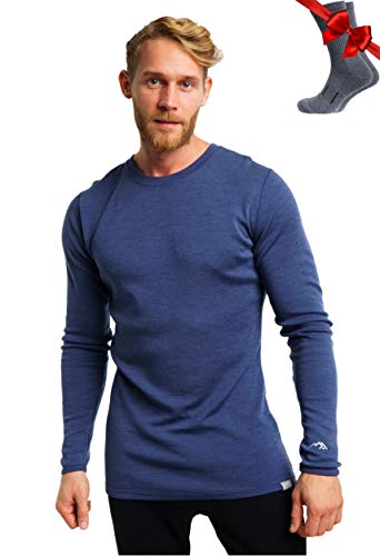 100% Merino Unterwäsche Herren - Merino Langarmshirt Herren Atmungsaktiv Und Feuchtigkeitsableitend + Wollsocken (250 Windsor Blue, X-Large) von Merino.tech