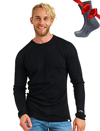 100% Merino Unterwäsche Herren - Merino Langarmshirt Herren Atmungsaktiv Und Feuchtigkeitsableitend Schwer + Wollsocken (Large, 320 Black) von Merino.tech