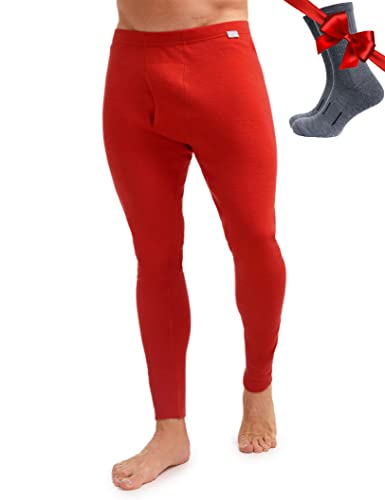 Merino Unterwäsche Herren - Lange Unterhosen Herren Merino Thermounterwäsche + Wollsocken(X-Large, 250 Cherry Red) von Merino.tech